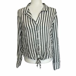Anthropologie Cloth & Stone Womens White/Gray Striped Tie-Front Shirt LS Medium